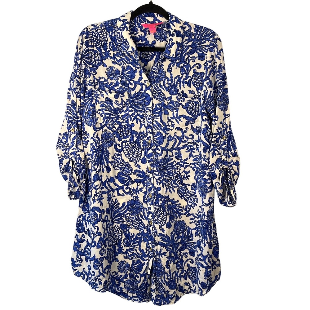 Lilly Pulitzer Blue White M Button Up‎ Dress Beach Vacation Turtles Nautical